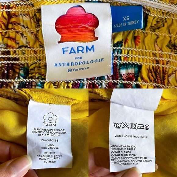 Farm Rio Dress Bria Smocked Mini Floral Off-Shoulder Yellow Multi XS EUC - Picture 7 of 8
